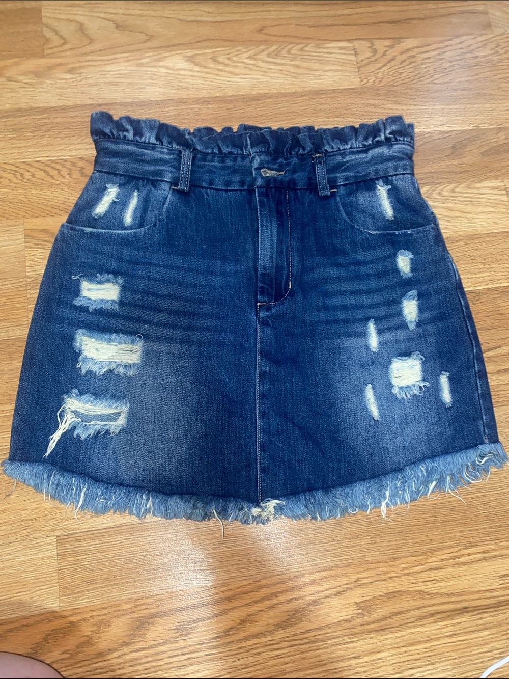 Ruffled Waist Distressed Dark Blue Denim Mini Skirt